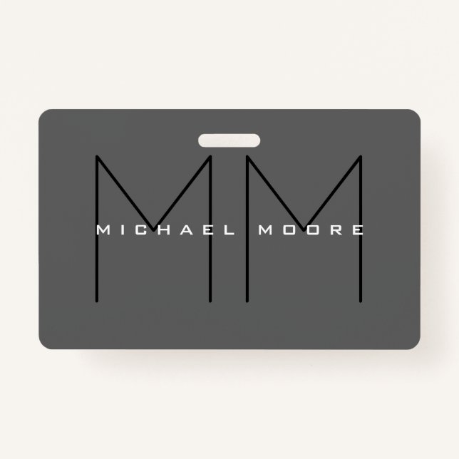 Grey Black Bold Monogram Modern Minimalist ID Badge (Front)