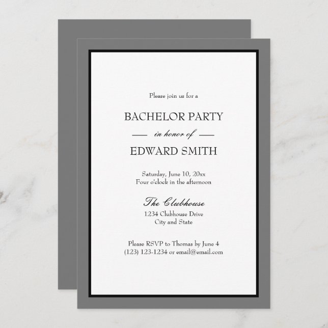 Grey Black Border Bachelor Party Invitations (Front/Back)