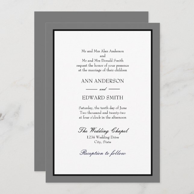 Grey Black Border Both Parents Wedding Invitation (Front/Back)