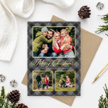 Grey Black Buffalo Plaid Christmas Photo Collage<br><div class="desc">Modern and festive plaid photo holiday card features a collage of 3 photos framed by a border and accents of real gold foil and hand painted watercolor dark grey and black buffalo plaid check patterned background. Personalise the custom "Merriest Christmas" text with your preferred wording, family name, and the year....</div>