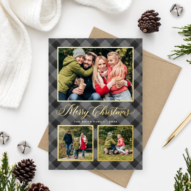 Grey Black Buffalo Plaid Christmas Photo Collage (Creator Uploaded)