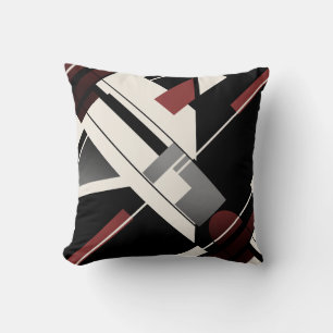 Grey Black Burgundy Beige Diagonal Abstract Art Cushion