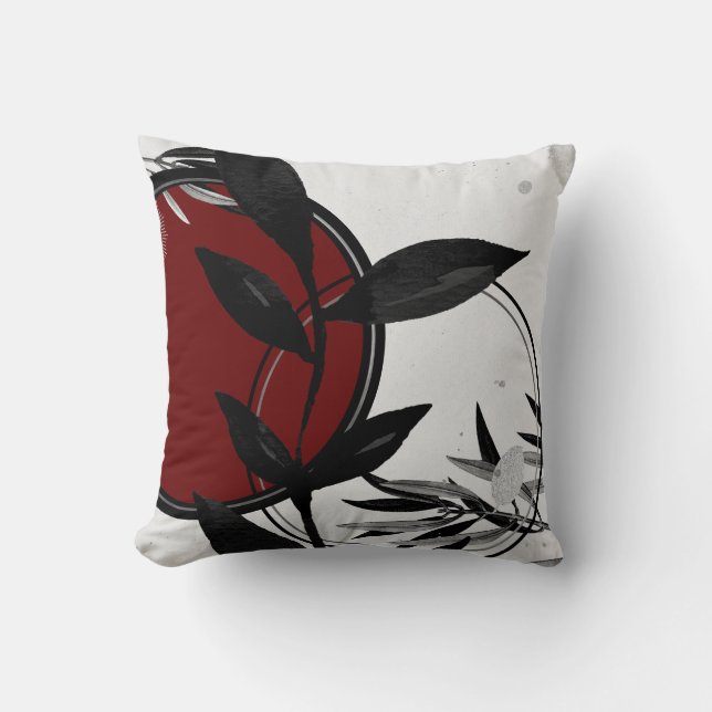 Grey Black & Burgundy Red Zen Watercolor Leaf Cushion (Front)