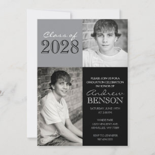 Grey & Black Classic 2 Photo Graduation Invitation