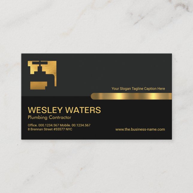 Grey Black Column Gold Water Faucet Plumbing Business Card (Front)