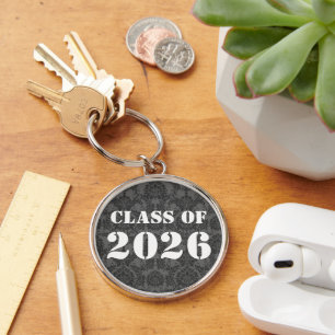 Grey & Black Damask Class of  Graduation  Key Ring