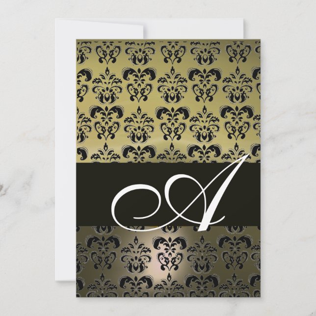 GREY BLACK  DAMASK MONOGRAM ,bright white Invitation (Front)