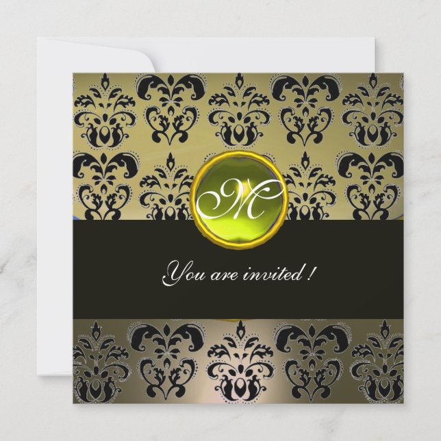 GREY BLACK DAMASK MONOGRAM,  topaz Invitation (Front)