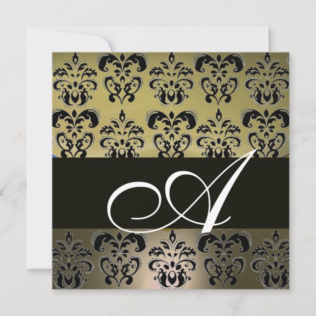 GREY  BLACK  DAMASK MONOGRAM , white Invitation (Front)