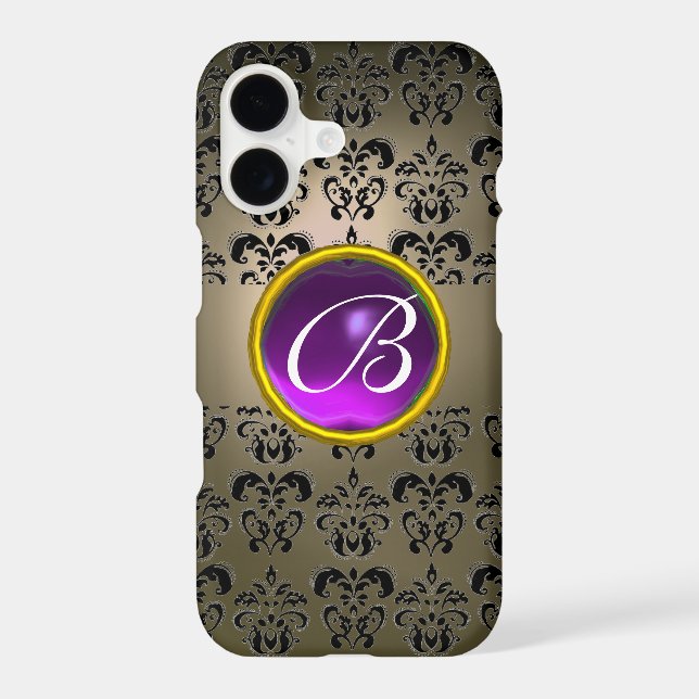 GREY BLACK DAMASK PURPLE GEM MONOGRAM (Back)