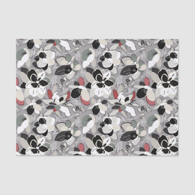 Grey Black Floral Winter Magnolia Tissue Paper (Front)