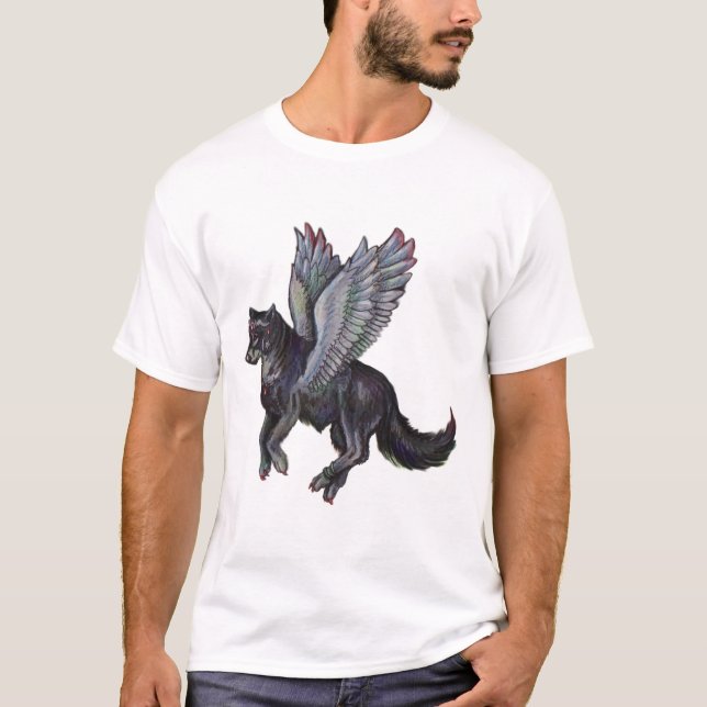 Grey Black Flying Wolf Wolves Canine WIngs Winged T-Shirt (Front)