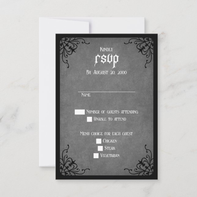 Grey Black Gothic Wedding RSVP Card (Front)