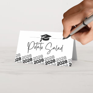 Grey & Black Graduation Cap Folding Label, Food or Place Card