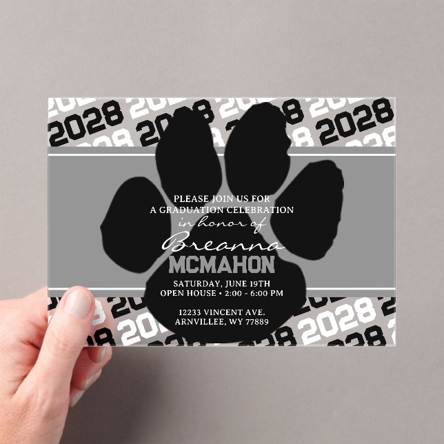 Grey & Black Graduation Pawprint Frosted Acrylic Invitations (Insitu (Handheld))