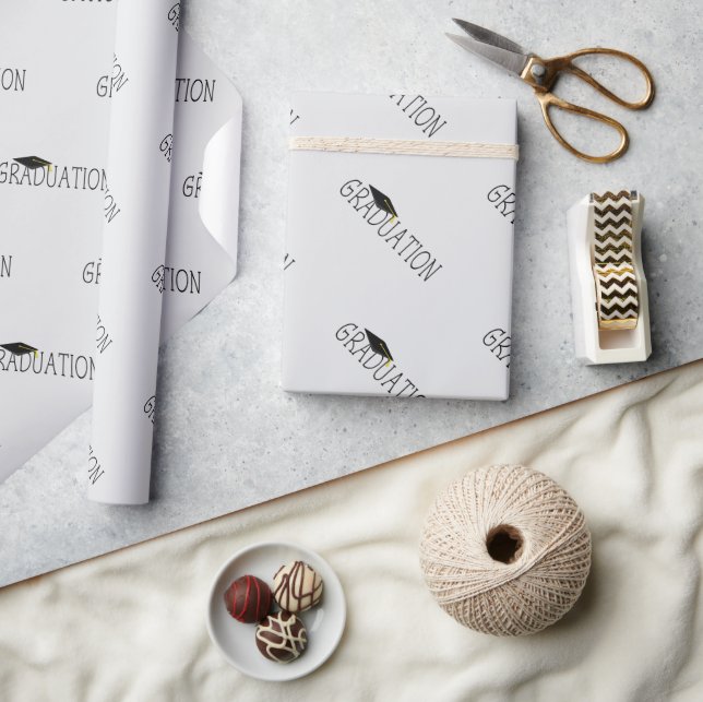 Grey Black Graduation Text with Cap Wrapping Paper (Crafts)