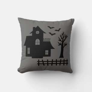 Grey Black Haunted House Creepy Halloween House Cushion