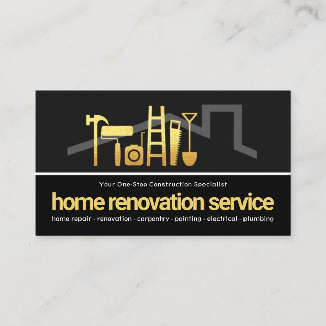 Grey Black Layer Gold Handyman Tools Rooftop Business Card (Front)