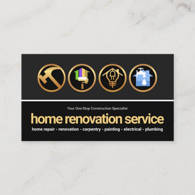 Grey Black Layers Gold Construction Handyman Tools Business Card (Front)