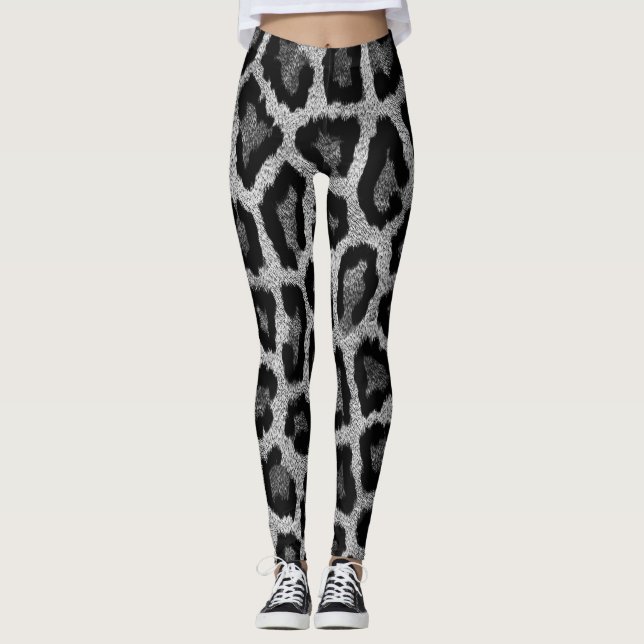 Grey Black Leopard Animal Print Leggings (Front)