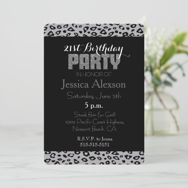 Grey Black Leopard Print 21st Birthday Invitation (Standing Front)