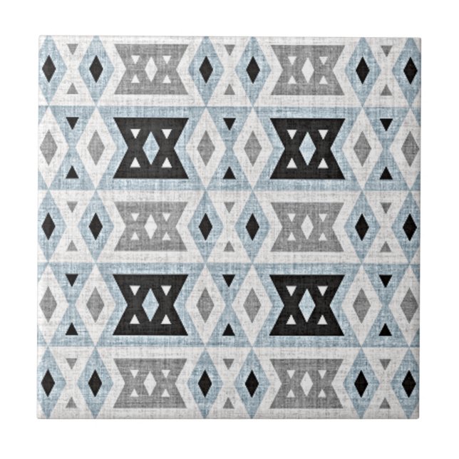 Grey Black Light Blue White Ethnic Tribe Art Tile (Front)