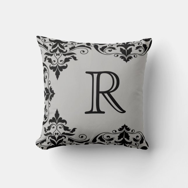 Grey & Black Monogram Damask Pillow (Front)