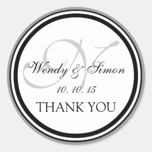 Grey Black Monogram N Wedding Thank You Classic Round Sticker
