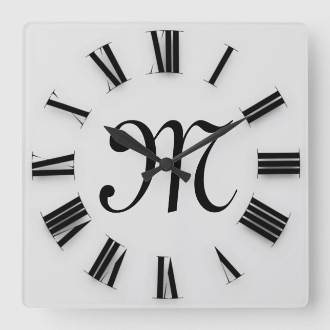 Grey Black  Monograms  Roman Numbers Square Wall Clock (Front)
