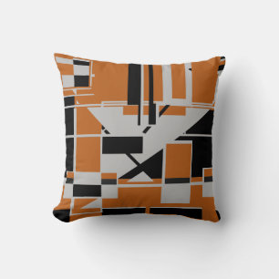 Grey Black on Orange Geometric Abstract Labyrinth Cushion