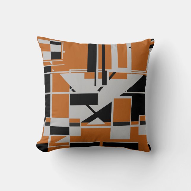 Grey Black on Orange Geometric Abstract Labyrinth Cushion (Front)