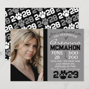 Grey & Black Pawprint Graduation Photo Invitation