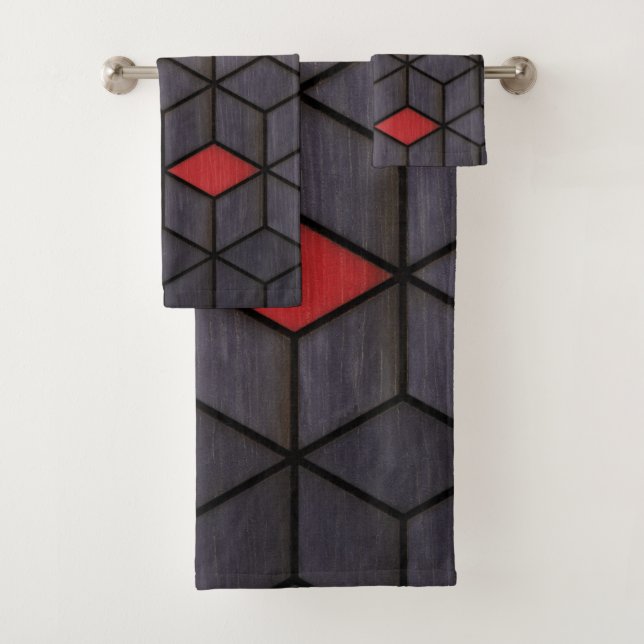 Grey Black Red Cubes Bath Towel Set (Insitu)