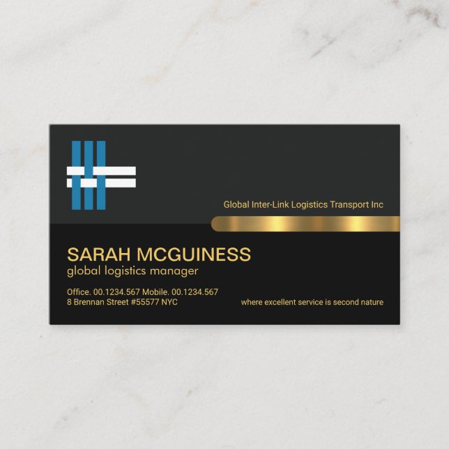Grey Black Retro Columns Gold Stripe Logistics Business Card (Front)