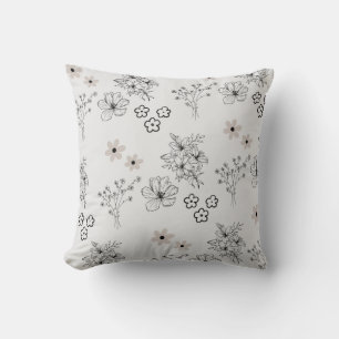 Grey Black Retro Y2K Hippie Flower Pattern Cushion