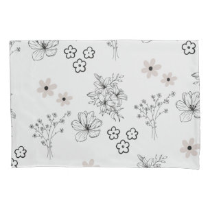 Grey Black Retro Y2K Hippie Flower Pattern Pillowcase