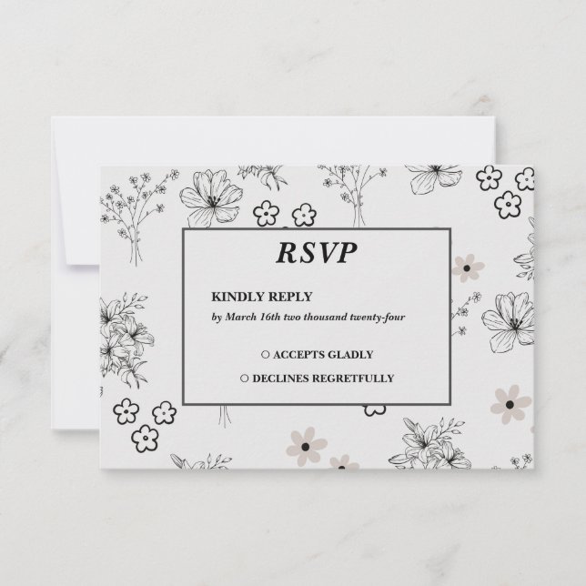 Grey Black Retro Y2K Hippie Flower Pattern RSVP Card (Front)