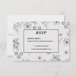 Grey Black Retro Y2K Hippie Flower Pattern RSVP Card