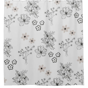 Grey Black Retro Y2K Hippie Flower Pattern Shower Curtain