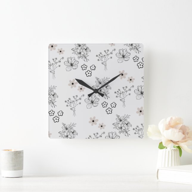 Grey Black Retro Y2K Hippie Flower Pattern Square Wall Clock (Home)