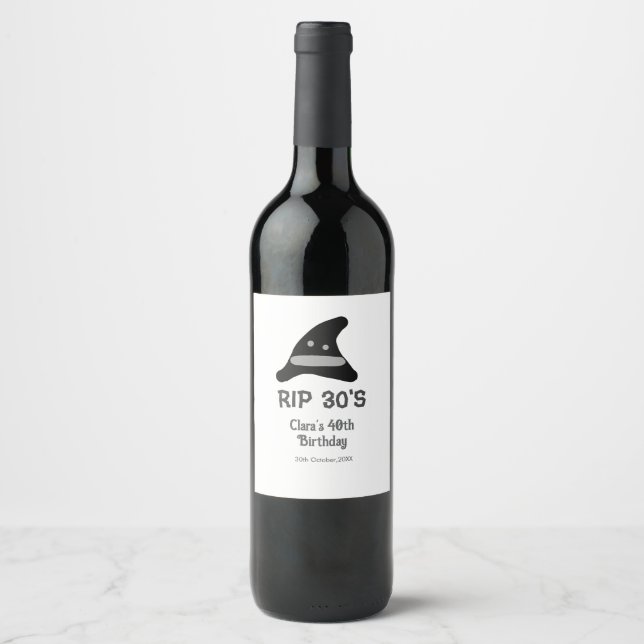 Grey black RIP 30's 40th birthday witch hat hallow Wine Label (Front)