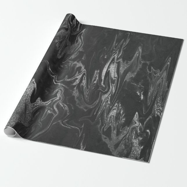 Grey Black Silver Marble Shiny Glam Wrapping Paper (Unrolled)