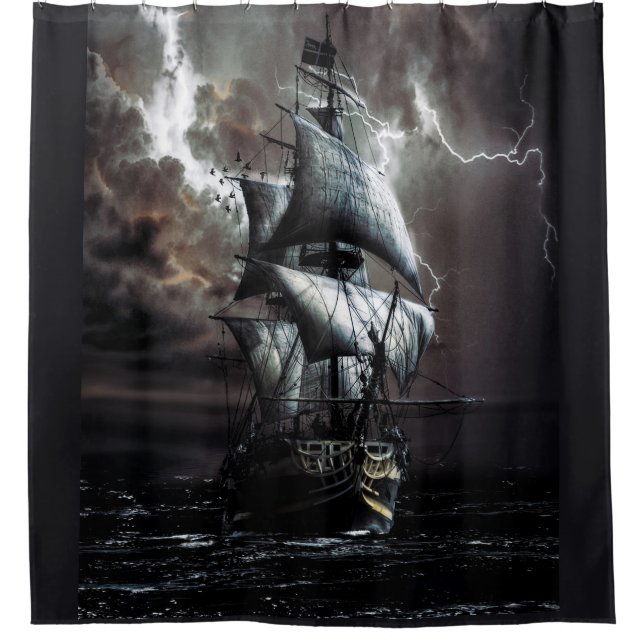 Grey Black Stormy Rainy Lightning Night Pirate Shower Curtain (Front)