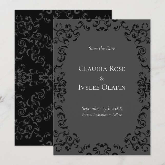 Grey & Black Swirl Gothic Wedding Invitation (Front/Back)