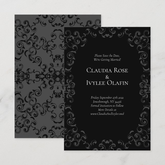 Grey & Black Swirl Gothic Wedding Invitation (Front/Back)