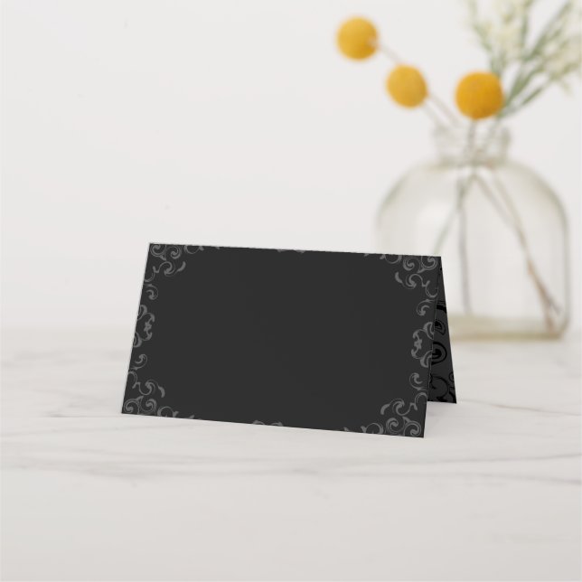 Grey & Black Swirl Gothic Wedding Place Card (Front)