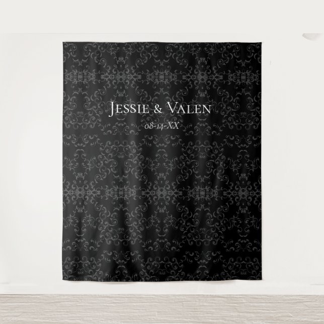 Grey & Black Swirl Gothic Wedding Tapestry (Front)