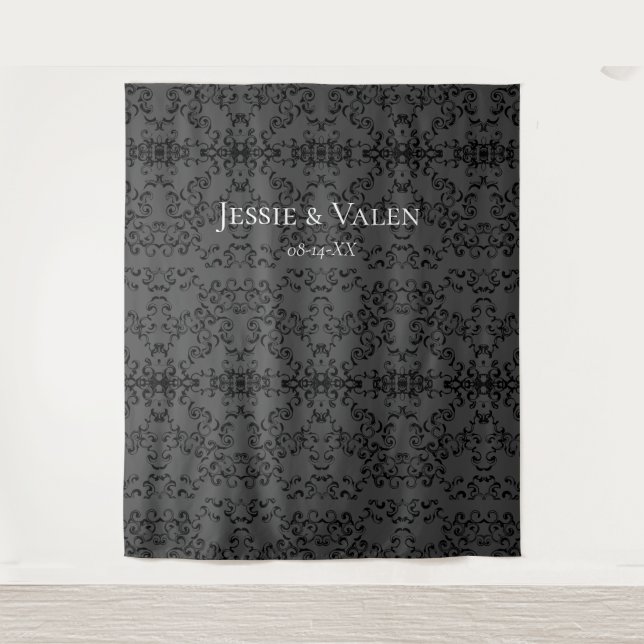 Grey & Black Swirl Gothic Wedding Tapestry (Front)