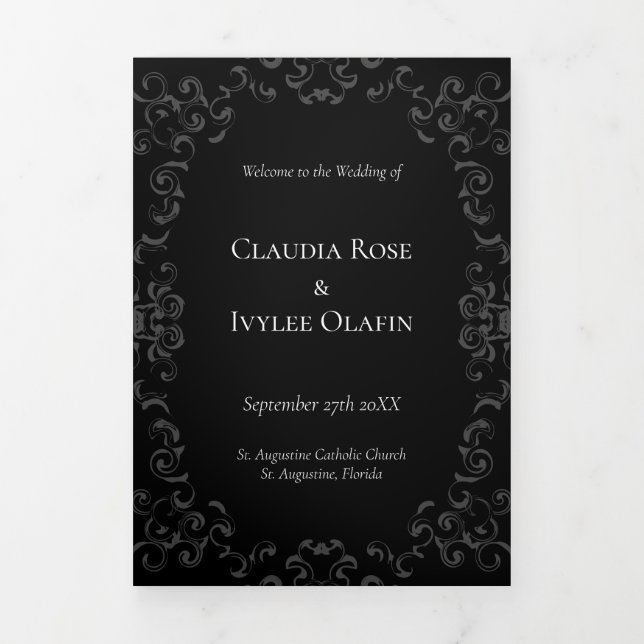Grey & Black Swirl Gothic Wedding Tri-Fold Programme (Cover)