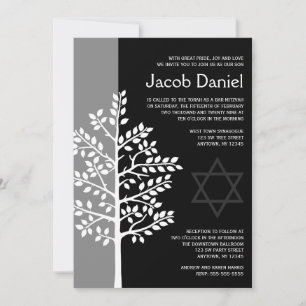 Grey Black Tree of Life Bar Mitzvah Invitations